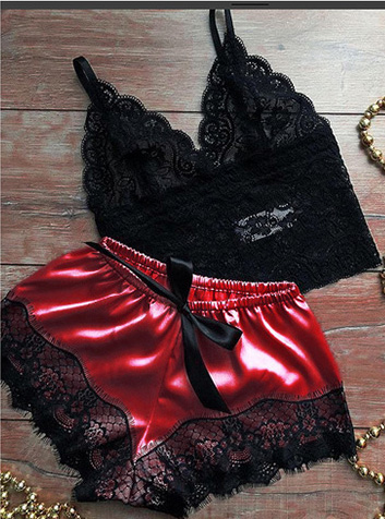 Women's Sheer Lace Sleep Set – Satin Shorts and Bralette